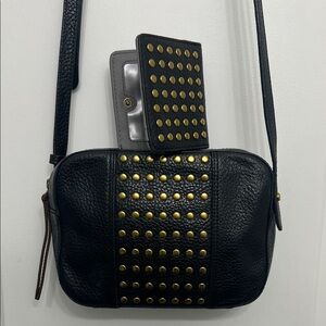 Fossil Jenna camera bag in pebbled leather with brass-tone studs and wallet